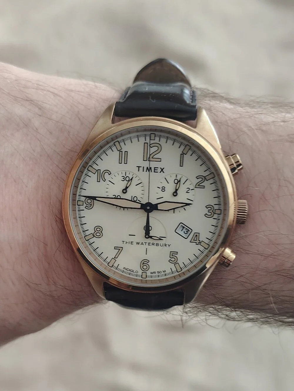 Timex Waterbury Rose Gold Tone Case with Cream Dial and Brown Leather Strap